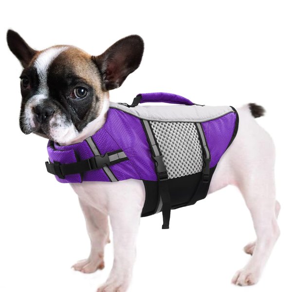 Dog Life Jacket Swimming Vest Lightweight High Reflective Pet Lifesaver with Lift Handle, Leash Ring Purple,XS