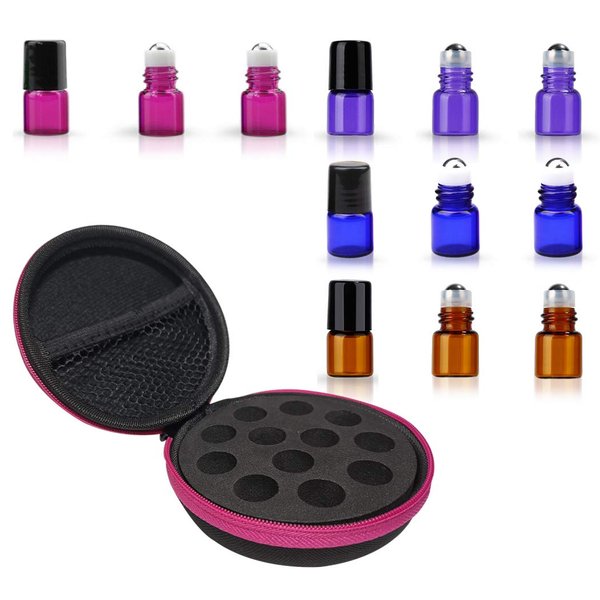 Round Hard Shell Case for 1/4 5/8 DRAM Micro Mini Roll-on Glass Bottles with Metal Roller Balls - Refillable Aromatherapy Essential Oil Roll On (HOLDS 12 VIALS) (1ML Mix bottle)