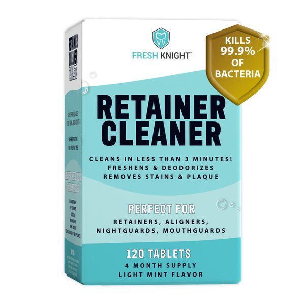 Retainer Cleaner, Denture Cleaner (120 Tablets) Removes Cloudiness, Brightens and Freshens Clear Aligners, Retainers, Night Guards, Mouth Guards, Dental Appliances, Fresh Knight
