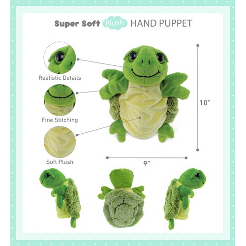 DolliBu Sea Turtle Hand Puppet - Super Soft Plush Stuffed Animal Hand Puppets for Kids, Cute Educational Turtle Hand Puppets for Adults, Teaching Story Telling Puppet Show Theater Games - 10 Inches