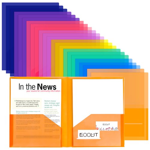 EOOUT 24pcs Folders with Pockets, Plastic Pocket Folders with 2 Pockets for Office Students and School, Letter Size, A4 Size, 8 Assorted Colors