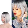 SOFEIYAN Short Straight Bob Wigs with Bangs 11 inch Synthetic Daily Party Cosplay Hair Wig for Black Women, Grey