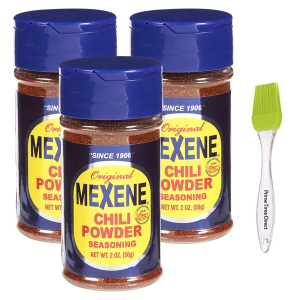 Mexene Original Chili Powder Seasoning - 2 Oz (Pack of 3) Bundle with Primetime Direct Silicone Basting Brush in a PTD Sealed Bag