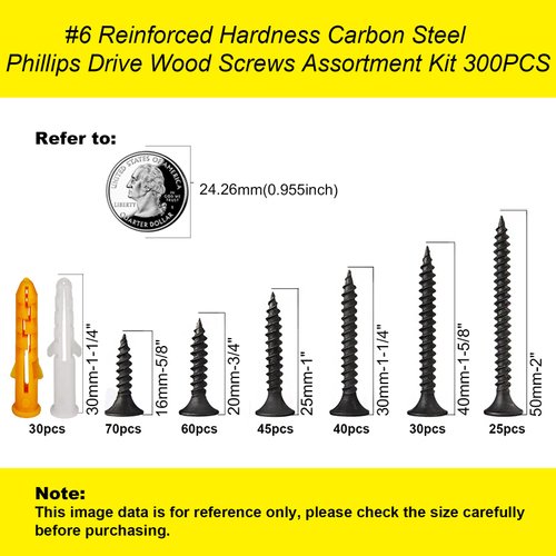 M3.5 Wood Screw Assembly Kit,Drywall Screws,Phillips Drive Flat Head Self Tapping Screw Set,Kitchen Cabinet Drywall Small Screws 300 Pcs,Length 5/8" to 2",Oxide Coated Deck Black or DIY Fasteners.