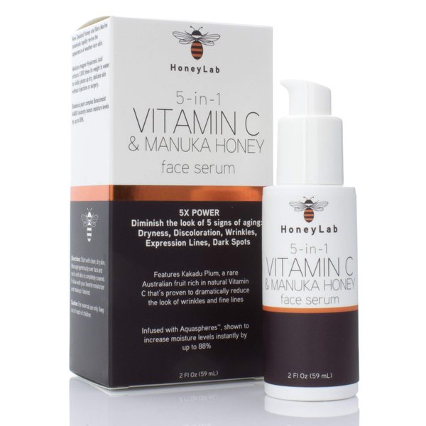 HoneyLab Vitamin C Face Serum with Hyaluronic Acid, Manuka Honey and peptides. Anti-aging serum contains Marine extracts that soften the look of dark spots, wrinkles and fine lines. 2oz bottle.
