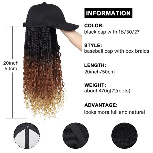 Goddess Box Braids Braiding Hair Baseball Cap Hat Wig Bohemian Curly Ends Braids Hat with Braided Hair Extensions for Black White Women Synthetic Braids Hat Wig with Hair Attached (20inch, T1B/30/27)