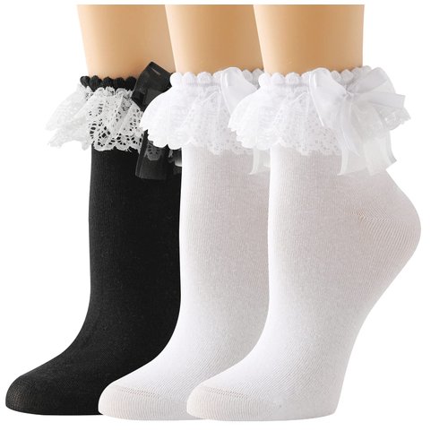 AMHRLINGTO Lace Ruffle Frilly Socks for Women - Lace Ankle Socks with Bow (3Pairs-1Pairs Black+2Pairs White)