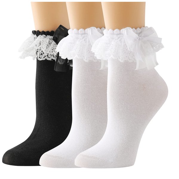 AMHRLINGTO Lace Ruffle Frilly Socks for Women - Lace Ankle Socks with Bow (3Pairs-1Pairs Black+2Pairs White)