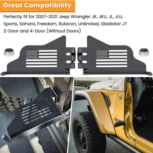 Front Foot Pegs Rest Pedal Exterior Door Hinge For Jeep Wrangler 2007-2023 JK JKU JL JLU Sports Sahara Freedom Rubicon Unlimited Gladiator JT 2-Door 4-Door US Flag Metal Black (2PCS)