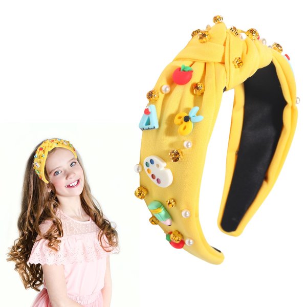 HAKJXOS Back to School Headband Knotted Headbands Apple Pencil Rhinestone Pearl Headbands for Women White Headbands Cute Hair Accessories for Girls Jewel Headbands for Girls Kids 1Pcs (Yellow)