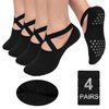 Pilates Socks Yoga Socks with Grips for Women Non-Slip Grip Socks for Pure Barre, Ballet, Dance, Workout, Hospital,4 Pairs Black,L-XL