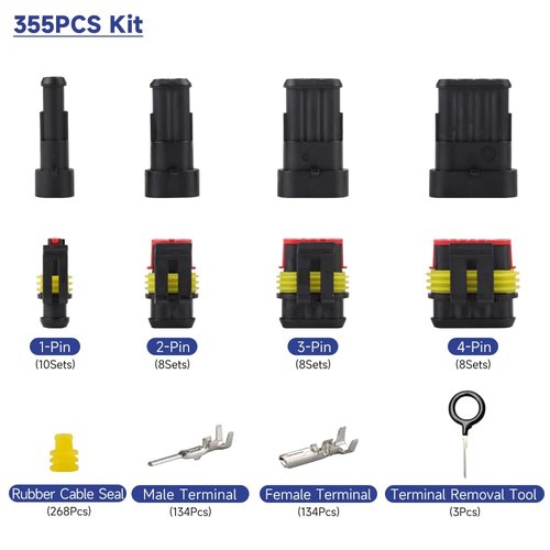 YMYP 355Pcs 26 Sets Waterproof Automotive Wire Connectors - 1/2/3/4 Pin Connectors Male and Female for Cars Motorcycles & Boats - 22-16 AWG