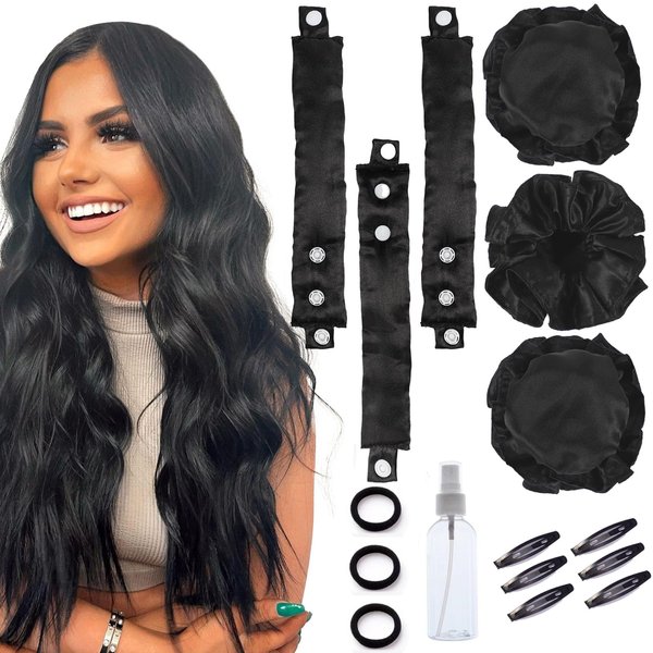 3 Sets Satin Heatless Curlers to Sleep in Overnight Curls Blowout Rods Hair Curling Set Soft Bun Bons Heatless Curls with Bonnet Cap Silk Roller No Heat Headband Wrapper Black