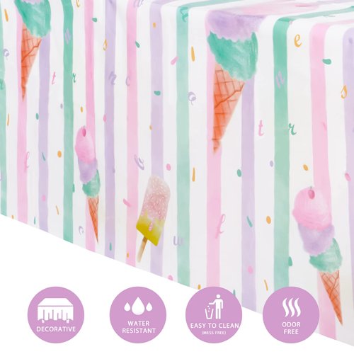 WERNNSAI Ice Cream Party Table Cover - 54” X 108” Disposable Rectangular Plastic Tablecloth Ice Cream and Popsicle Themed Party Supplies for Kids Girls Birthday Baby Shower Wedding Party Decorations