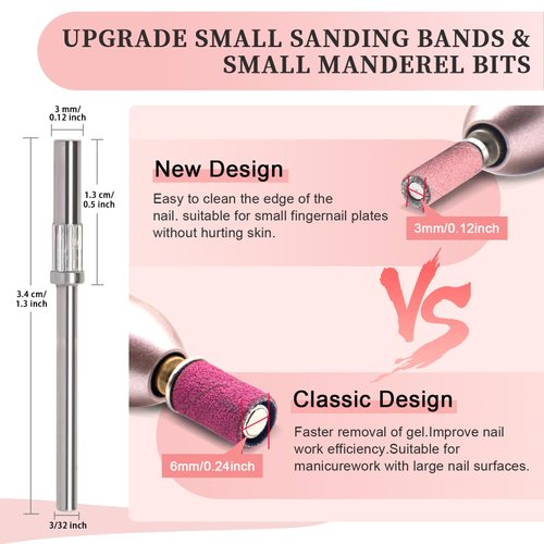 100pcs 180 Grit Small Sanding Bands for Nail Drill with 2pcs 3/32’’ Upgrade Mandrels Bits, Mini Sanding Bands for Nail Drill for Manicure Nail Salon and Nail Enthusiasts Use, Pink