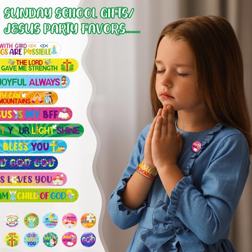60 Pieces Religious Slap Bracelets with Button Pins Jesus Love You Wristbands Jesus Snap Bracelets Christian Badges for Sunday School Supplies Kids Gifts Birthday Party Favors (God)