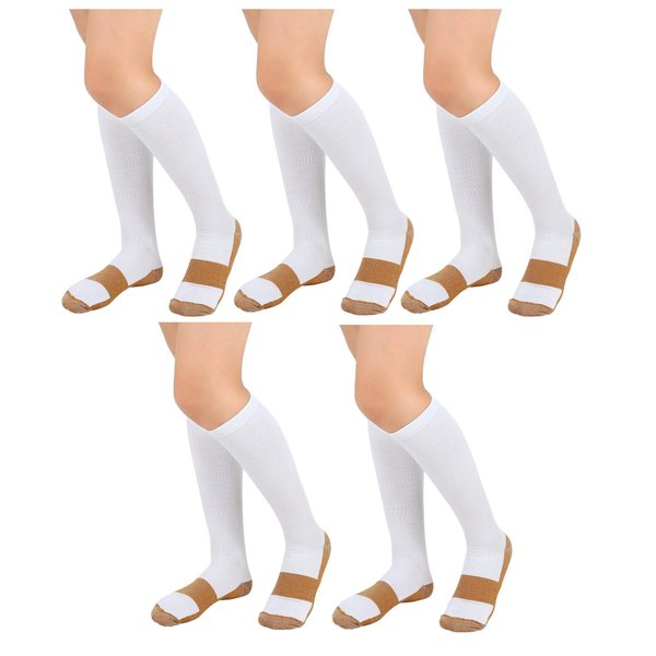 Bcurb Graduated Compression Socks (5 Pair) Calf High Men Women Support Stocking. (White/Gold, Small/Medium)