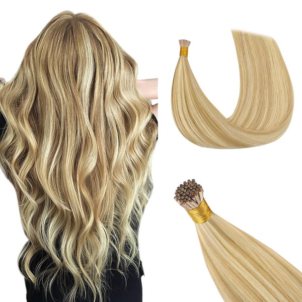 GOO GOO I Tip Hair Extensions Human Hair, 14Inch 50g 100S, Real Human Itip Keratin Hair Extensions Pre Bonded, #18D/22F Dirty Blonde Highlights