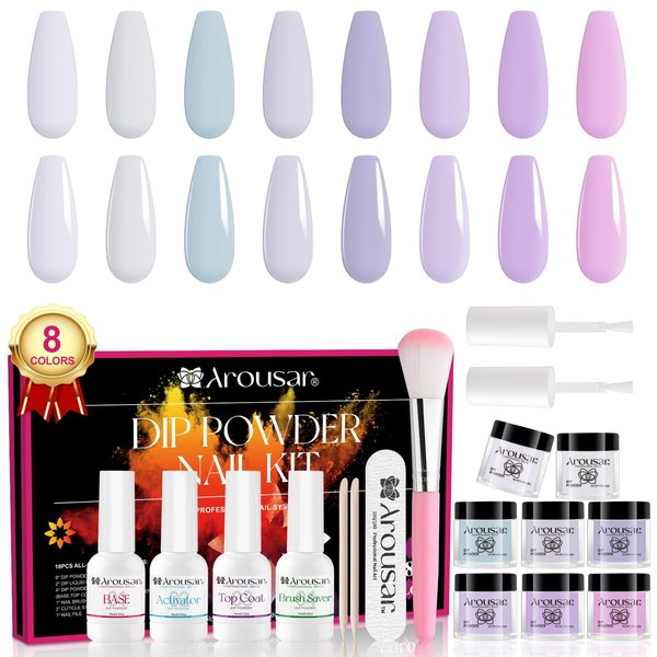 Arousar Dip Powder Nail Set Starter, 8 Colors White Green Purlple Dipping Powder System Liquid Set, Nail Tools for French Nail Art Manicure Salon DIY at Home, Color 30