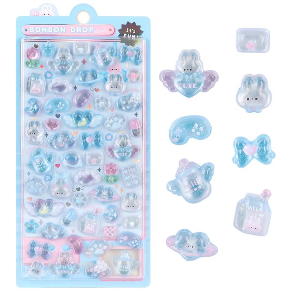 3D Cute Stickers Cartoon Blue Rabbit Puff Stickers Kawaii Mini Puffy 3D Reusable Tiny Patch for Scrapbooks Planner Journals Laptops Phone Case Decoration