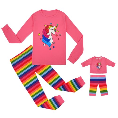 HDE Girls Unicorn Pajamas with Matching Doll Outfit Cotton Pajama Set for Girls Pink Pink Rainbow Unicorn/Long - 6