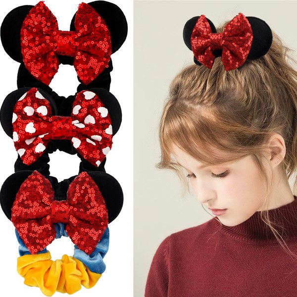 CÉLLOT 3 Pack Mickey Ears Mouse Scrunchies Sparkly Sequin Hair Bows Velvet Hair Scrunchy Hair Ties Elastic Hair Bands Ponytail Holders Minnie Hair Accessories for Girls Women Teens Kids