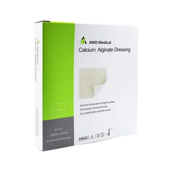 AWD Medical Calcium Alginate Wound Dressing - Highly Absorbent Gauze Pads and Wound Care Products, Quick Clotting Gauze Home & Professional Use, Medical Supplies for Wound Care - (4" x 4" Pads 10/Bx)