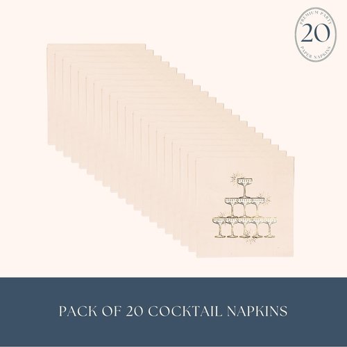 Champagne Tower Cocktail Napkins by Bonjour Fete | Small Cocktail Party Paper Napkins for NYE, Bridal & Wedding Showers I Premium 3-Ply Gold Foil, Eco-Friendly, Beverage Napkin | 5" Folded (20 Pack)
