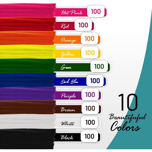 100 Pc. Pipe Cleaner 10 Assorted Colors Chenille Stems, Pipe Cleaners Craft, Fuzzy Sticks Great Craft Supplies DIY Art & Craft Projects| 6”