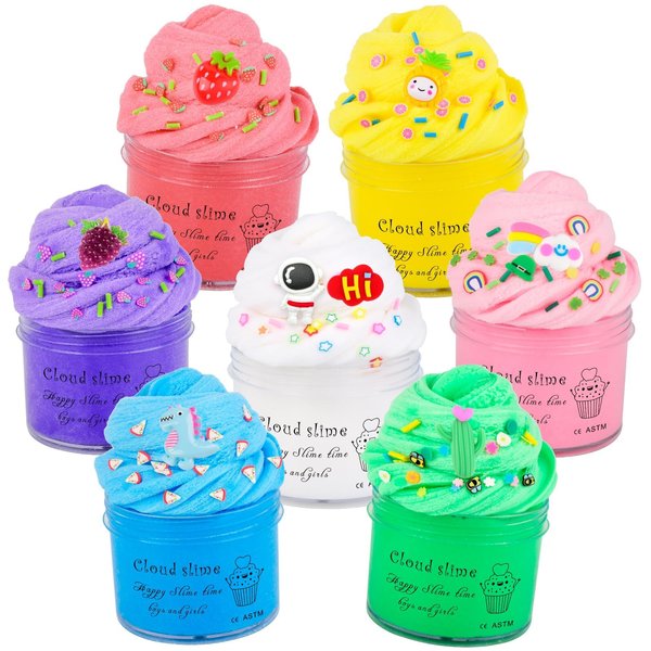 Generic 7 Pack Cloud Slime Kit with Strawberry and Pineapple Charms, Pre-Made Scented Cloud Slimes, Party Favor, Birthday Gift, Multi-Colored Stress Relief Toy for Girls and Boys