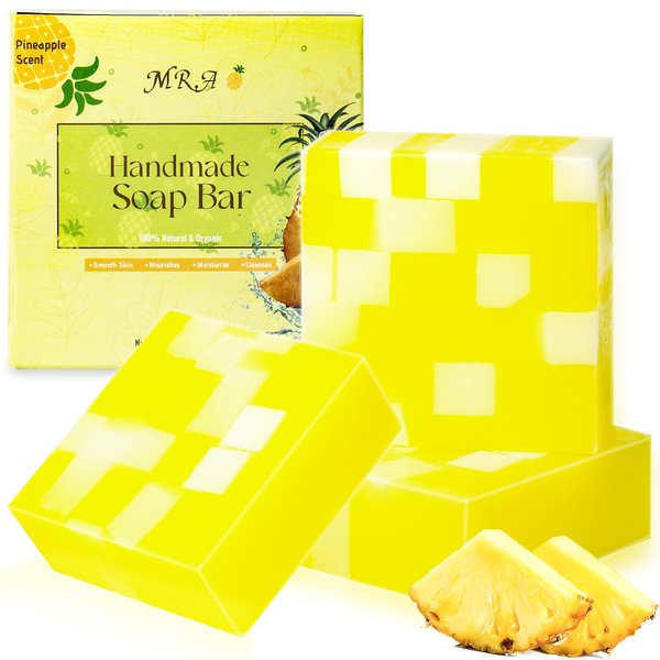 3Pack Natural Body Soap Bar, Organic Bath Bar Soap for Men and Women, Handmade Soap Shea Butter Soap for Body and Face, Travel Soap Body Wash for Moisturizing Pineapple Scent