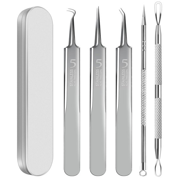YGQQOY Blackhead Remover Tool, 5Pcs Acne Remover comedone Extractor, Professional Stainless Skin Zit Acne Blemish Whitehead Popping Removing Surgical Tweezers Extraction Tools for Nose Eye Face