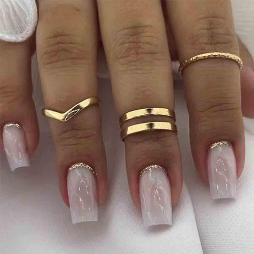 Foccna French Tip Press on Nails Medium, Pink Fake Nails Square Luxury Acrylic False Pink Marble Nails,Artificial Rhinestone Nails for Women and Girls,24 pcs