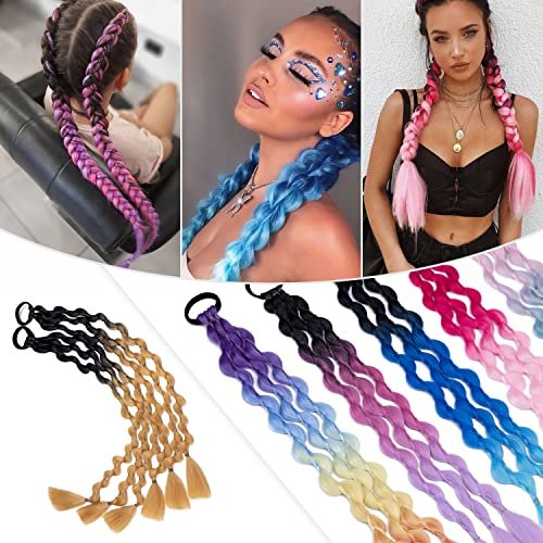 Hairro Colored Braids Hair Extensions with Rubber Bands Rainbow Braided Synthetic Hairpiece Ponytail Hair Accessories for Women Kids Girls Party Highlights 24 Inch 2pcs/Pack