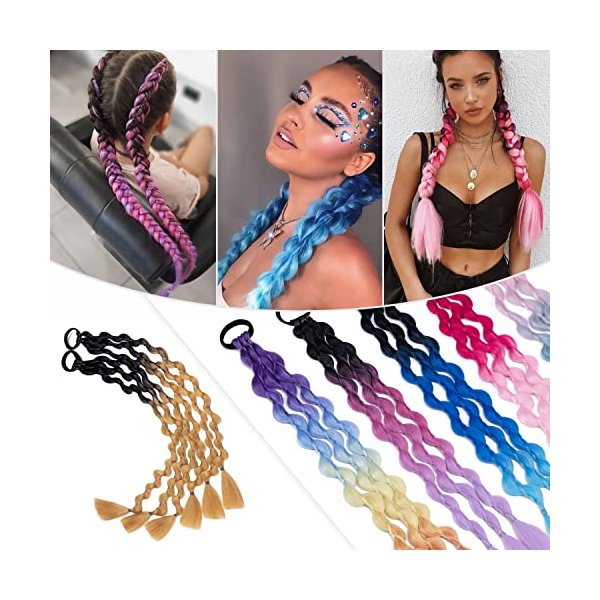 Hairro Colored Braids Hair Extensions with Rubber Bands Rainbow Braided Synthetic Hairpiece Ponytail Hair Accessories for Women Kids Girls Party Highlights 24 Inch 2pcs/Pack