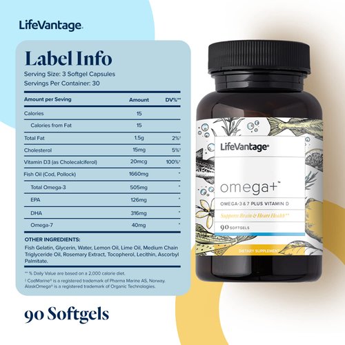LifeVantage Omega+ Supplement, 90 Softgels, Powerful 3-in-1 Blend of Omega-7, Vitamin D and Omega-3 Supplement. Support Brain Health, Cardiovascular Health, Skin Health, and The Immune System*