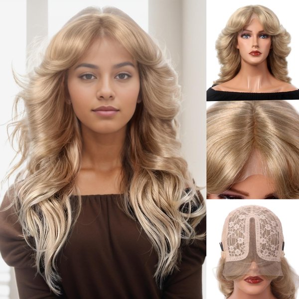 STfantasy Ombre Blonde Lace Front Women Synthetic Wigs 6X4X0.5 T-Part Lace Curly Wigs with 180% Density Middle Part Pre-Plucked Glue-less Lace Synthetic Hair for Womens Ladies Daily Used Costume