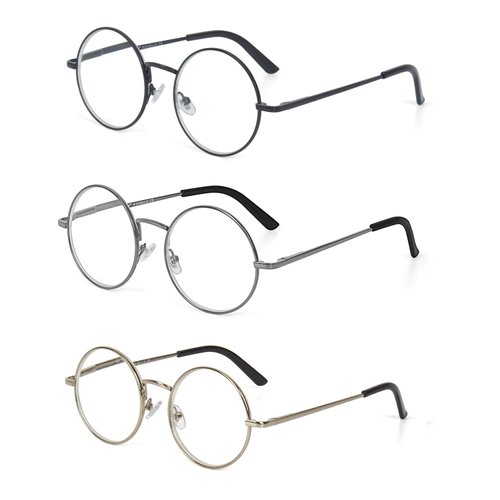 EYE ZOOM 3 Pack Metal Frame Round Reading Glasses with Spring Hinge (Black, Silver and Gunmetal, +1.75 Strength)