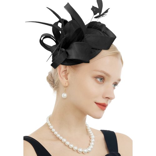 FELIZHOUSE Fascinator Hats for Women Ladies Feather Cocktail Party Hats Bridal Headpieces Ascot Fascinator Headband (Black)