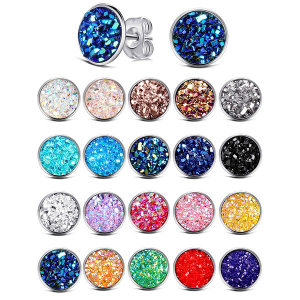 Yaomiao 20 Pairs Round Stud Earrings Stainless Steel Druzy Studs Earrings Set Anti Sensitive Fits Women Girl Mothers Day Gift