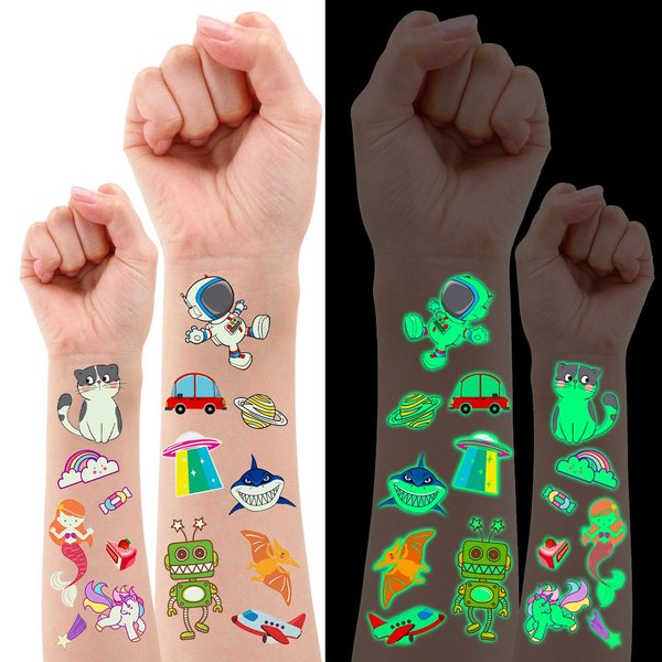 Tattoos for Kids 400 Glow in the Dark Tattoos, Kids Tattoos Temporary, Cute Luminous Mixed Style for Girls and Boys, Waterproof Temporary Tattoos, Glow in the Dark Party Supplies, Kids Party Favors