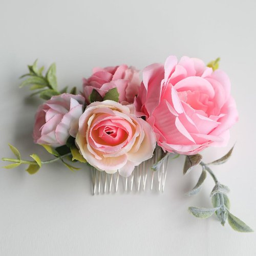 Fangsen Wedding Boho Pink Rose Buds Flower Hair Clips Floral Comb With Hair Piece and Hair Vines for Brides and Bridesmaids Silver