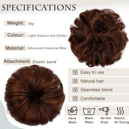 FeidyLong 2 PCS Messy Bun Hair Piece Wavy Curly Scrunchies Synthetic Chignon Ponytail Hair Extensions Thick Updo Hairpieces for Women Girls(Light Auburn mix Darker)