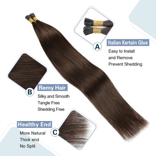 Sunya I Tip Hair Extensions Human Hair Dark Brown 40 Grams 50 Strands/Package Pre Bonded I Tip Hair Extensions Fusion 18 inches Remy Straight Stick Tip Real Human Hair Extensions #2