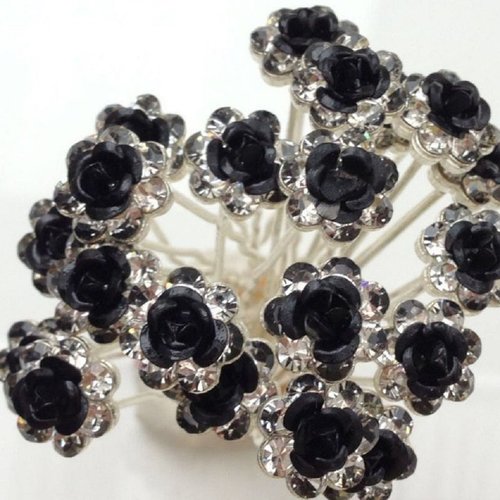 Various Beautiful Designs of Pearl/Crystals and Rhinestone Flower Hair Pins for Brides/Bridesmaids/Prom/Sweet Sixteen/Quinceanera/Weddings - Set of 20 (Black Roses)