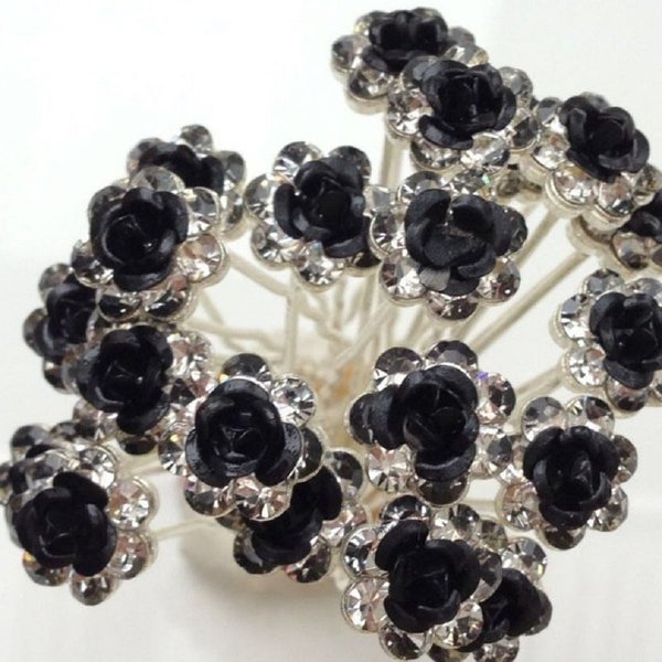 Various Beautiful Designs of Pearl/Crystals and Rhinestone Flower Hair Pins for Brides/Bridesmaids/Prom/Sweet Sixteen/Quinceanera/Weddings - Set of 20 (Black Roses)