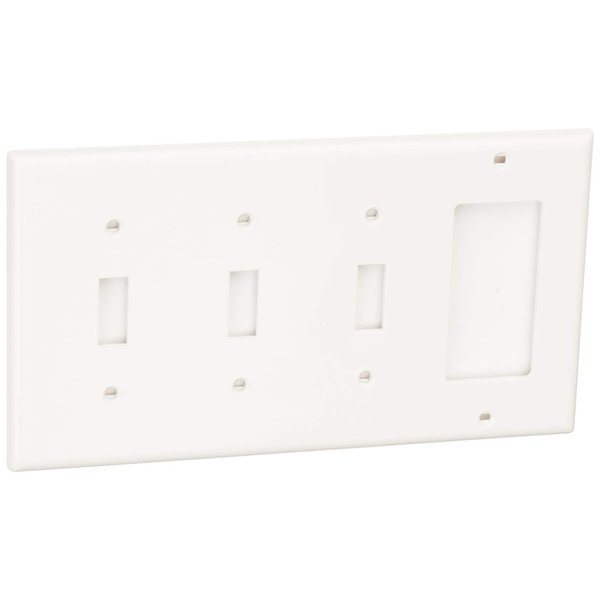 Leviton 80732-W 4-Gang 3-Toggle 1-Decora/GFCI Device Combination Wallplate, Standard Size, Thermoplastic Nylon, Device Mount, White