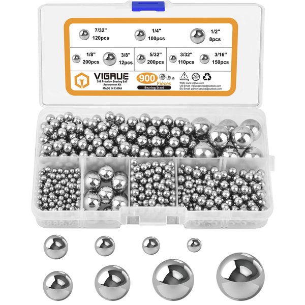 VIGRUE 900 Piece 8 Sizes Assorted Loose Bicycle Bearing Balls Assortment Kit 5/32" 1/8" 3/16" 7/32" 3/32” 1/4" 3/8” and 1/2"