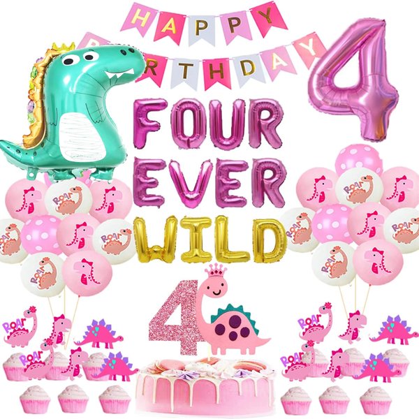Four Ever Wild Birthday Party Banner， 4th Birthday Banner, Four Years Old, 4th Party Decor, Fourth Birthday Green Gold Fourever.4th Birthday Party | Dinosaur Dino Party.