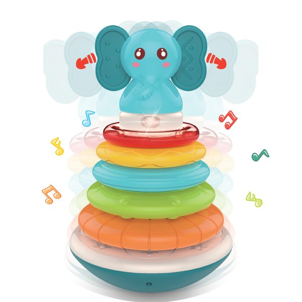 PlenPLAY Baby Tummy Time Toys, Musical Stacking Rings, Stacking Toys for Toddlers 1-3, Weeble Wobble Toys for Babies 6 9 12 Months, STEM Learning Toy, Sensory Toys for Babies (Elephant)